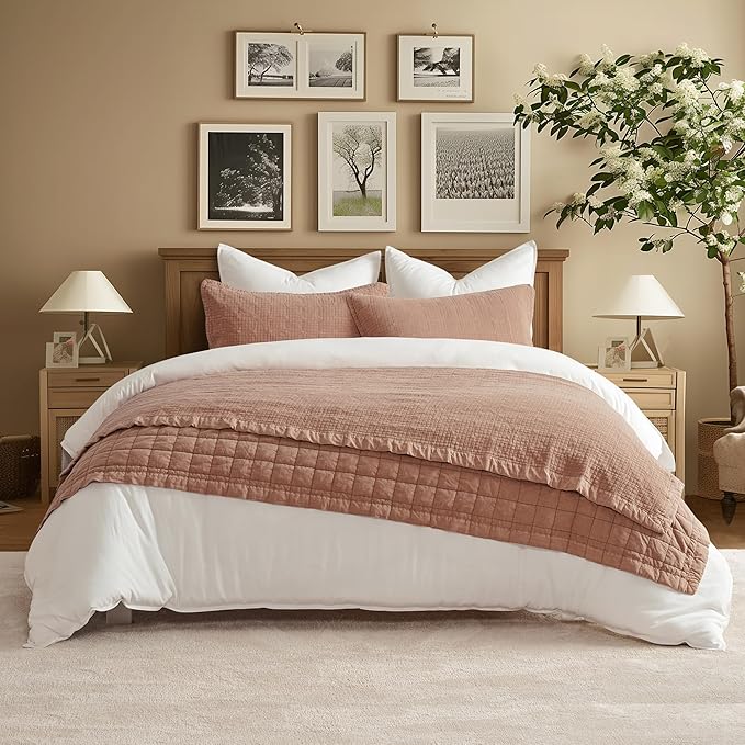 EVERGRACEHOME Stonewashed Cotton Quilt Set Full Queen Size, Ultra Soft Oversized Bedspread Coverlet Set, Lightweight Crinkle Box Stitch Bedding Sets for All Season, with 2 Shams, Terracotta Clay