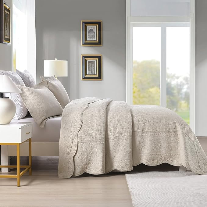 MarCielo 3-Piece 100% Cotton Oversized Bedspread Lightweight Quilt Coverlet Embroidery Farmhouse Bedding Set (TG Cream, Oversized King (118"x106"))