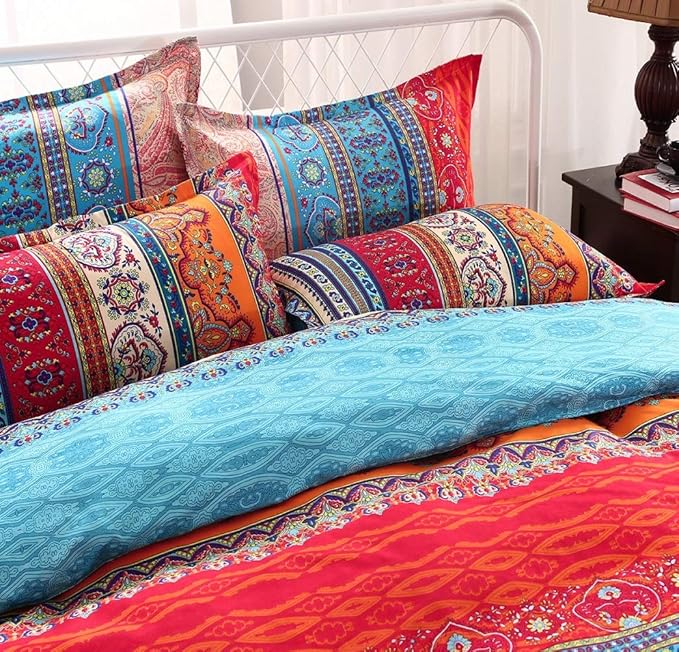 Boho Duvet Cover King, 100% Microfiber Ethnic Boho Colorful Bedding Set for Men Women, Blue Yellow Orange Modern Geo Aztec Print Duvet Cover, with Zipper Closure Luxury Soft Durable (King, 3pcs)