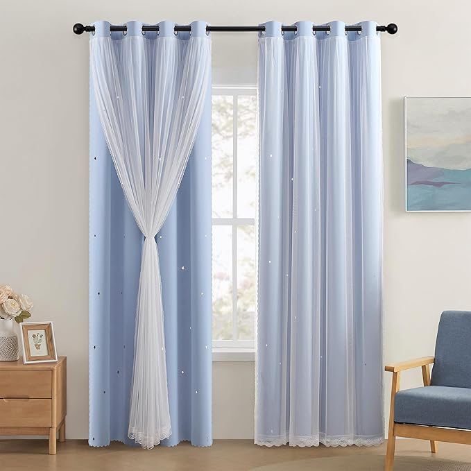 XiDi Sky Blue Blackout Curtains with Sheer Overlay Mix and Match Double Layer Thermal Insulated Window Panels 90 inch for Living Room Bedroom Blue Drapes with Tiebacks Grommet Top 34" Wx90 Lx2