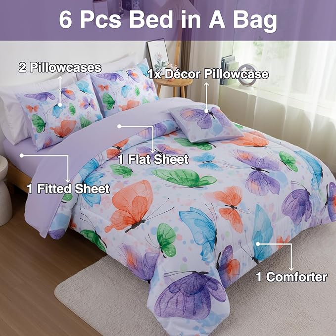 A Nice Night 6pcs Bed in A Bag Watercolor Ink Wash Tie-Dye Butterfly Flying Printed, Butterflies Bedding Comforter Set, Purple Green Queen