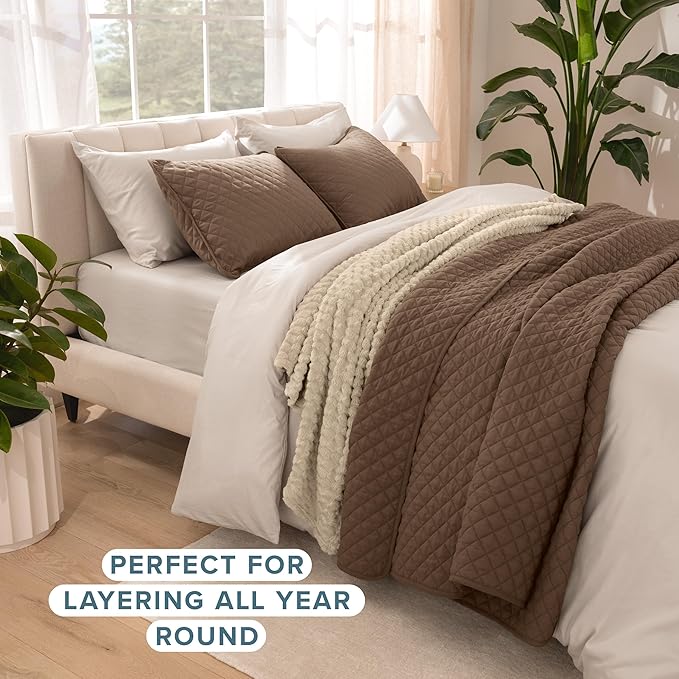 Bare Home Coverlet Set - Full/Queen - Lightweight Bed Decor - Comforter Alternative - All-Season Quilted Bedspread (Full/Queen, Cocoa)