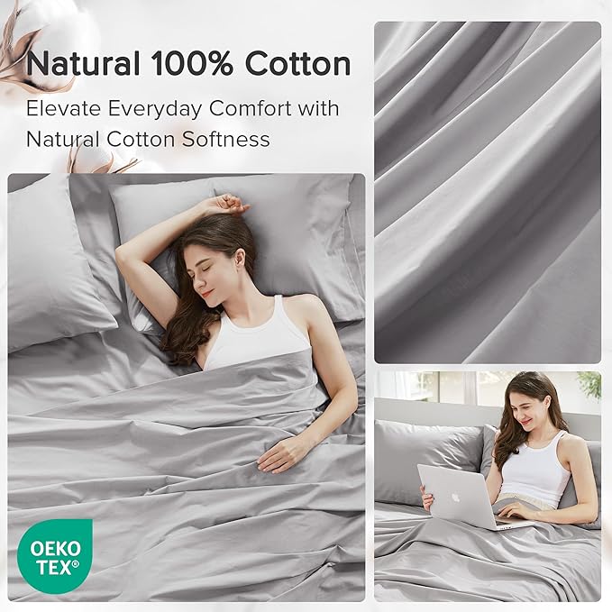 Comfort Spaces 100% Cotton Sheet Set Breathable, Lightweight, Soft with 14" Elastic Pocket Fits up to 16" Mattress, All Season Cozy Bedding, Matching Pillow Case, Cal King Grey 4 Piece