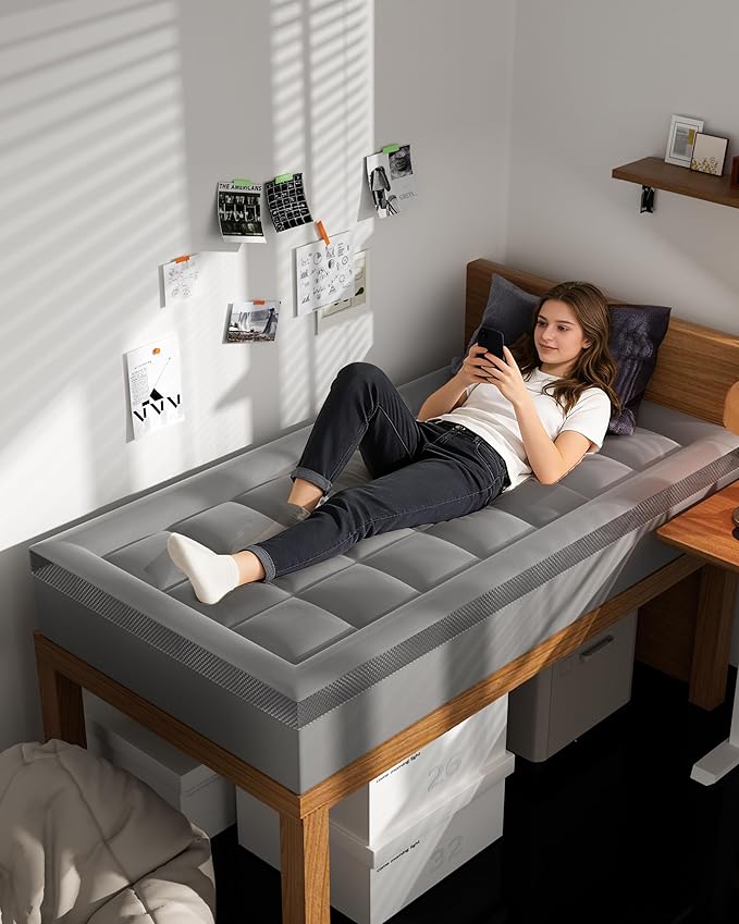 Dual Layer 4 Inch Memory Foam Mattress Topper Twin XL - 2 Inch Gel Memory Foam and 2 Inch Pillow Top Mattress Pad, 7-Zone Egg Crate Twin XL Size Mattress Topper (Grey)