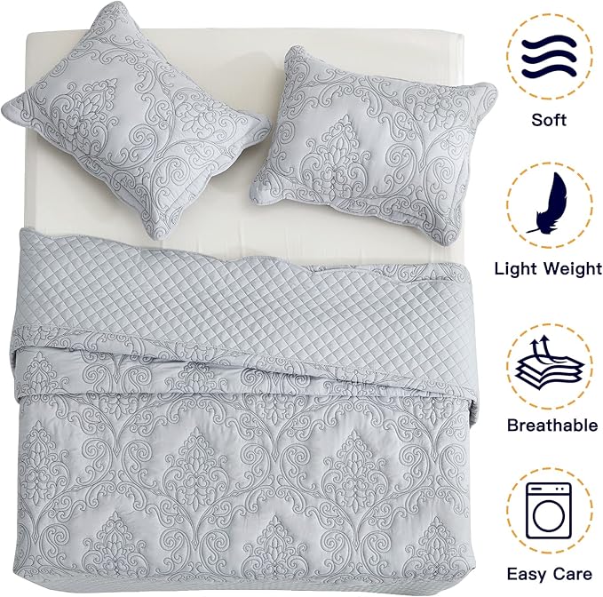 CHIXIN Oversized Bedspread Coverlet Set King Size - Lightweight Bedding Cover - Beautiful Stitching - 5 Piece Reversible Bedspread - Luxury Damask Paisley Pattern (King, Light Grey)