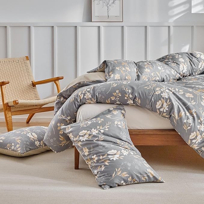 Lekesky Queen Duvet Cover Set, Gold Floral Duvet Cover Queen Size, 3 Pieces Grey Bedding Sets with Zipper, Ultra Soft Microfiber Reversible Queen Size Comforter Cover with 2 Pillowcases 20"x26"