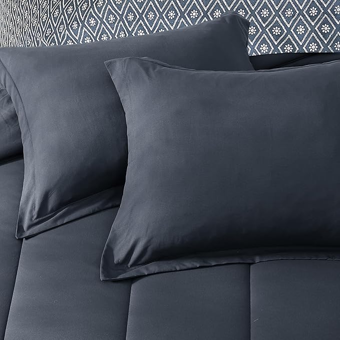 Monbix Full Size Comforter Set - 7 Pieces Bed in a Bag Full, Blue Grey Track Stitching Bedding Sets with Comforter, All Seasons Comforter Bed Set with Sheets, Pillowcases & Shams