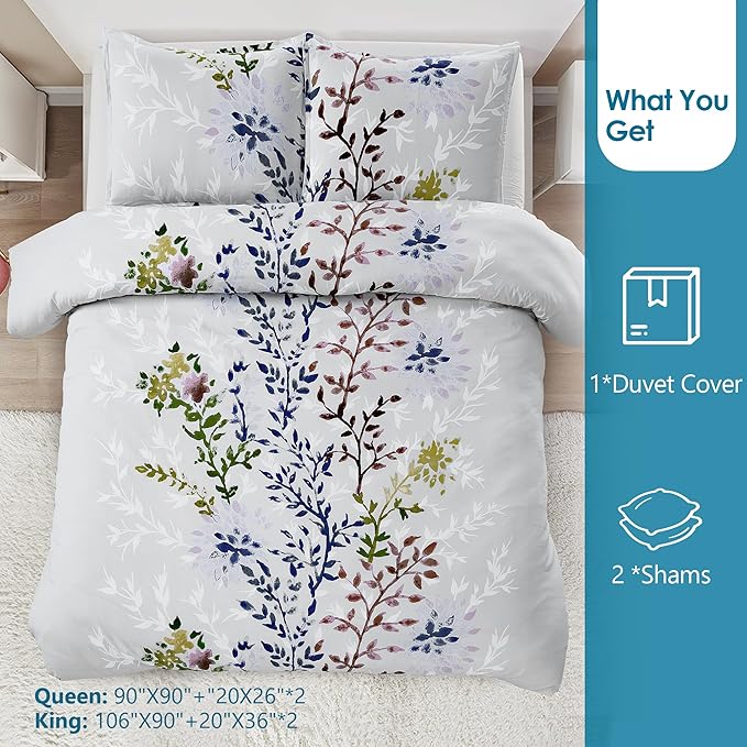 Style Quarters 3PCS King Duvet Cover Set 100% Cotton Duvet Cover with White Leafy Silhouettes Cotton Duvet Cover King Size Machine Washable Includes 1 Duvet Cover + 2 Shams (King)