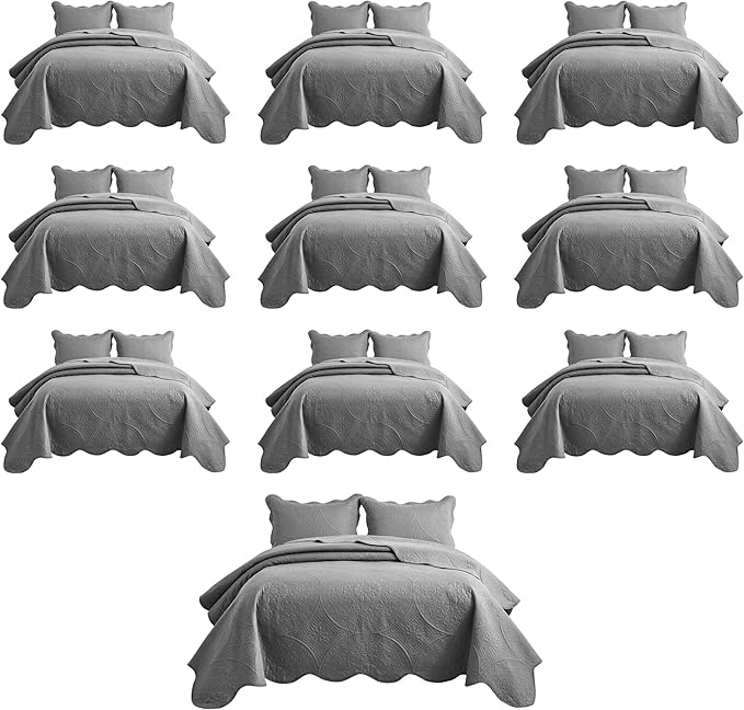 IR Imperial Rooms 10 Pack Twin Quilt Bedding Set (68" x 86") - Bulk Wholesale for Hotels, Guest Bedroom & Airbnbs - Lightweight Microfiber Reversible Floral Embossed Quilts Bedspreads (Grey)