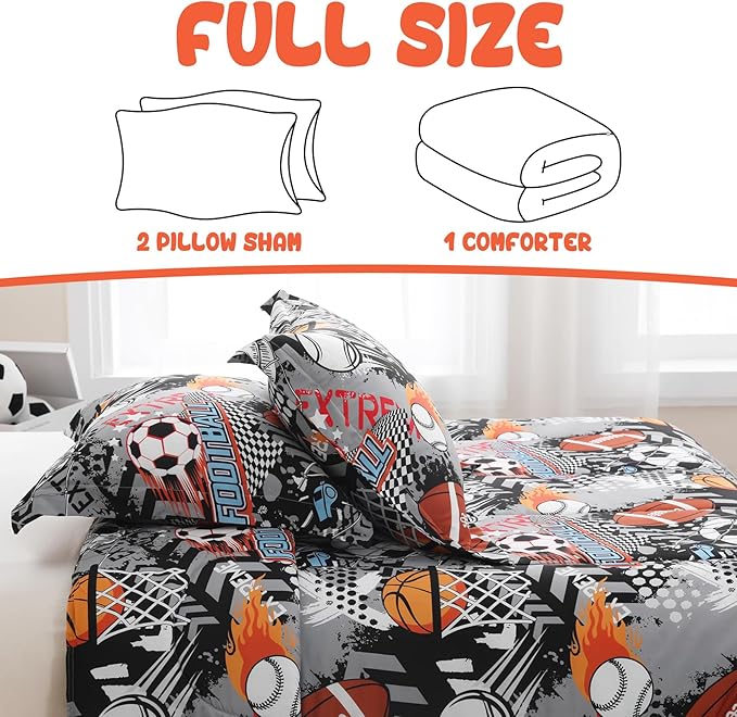 Yibeizi Grey Sports Comforter Set for Boys Full Size, Kids Football Basketball Baseball Printed Bedding Set with Pillow Sham, Cute Lightweight Soft Breathable Machine Washable Quilted Bed Comforter