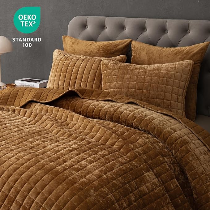 PHF Luxurious Velvet Quilt Set King Size – 3PCS Super Soft Quilted Comforter Alternative with Square-Box Quilt Pattern, Warm Quilted Bedspread Coverlet, 108" x 92", Rusty Burnt Orange