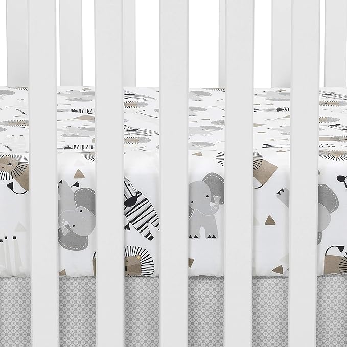 Lambs & Ivy Jungle Safari 100% Cotton White/Gray Elephant/Lion Fitted Crib Sheet
