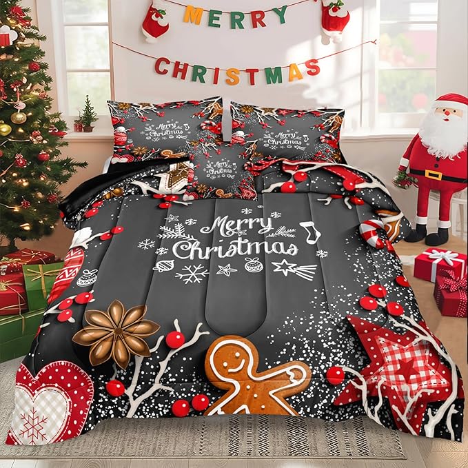 Bedbay Christmas Bedding Set King Size Red Christmas Comforter Set Cute Gingerbread Man and Snowflake Pattern Boys Girls Xmas Festival Bedding 4 Pcs Comforter Set(Xmas,King)