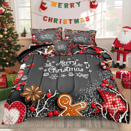 Bedbay Christmas Bedding Set King Size Red Christmas Comforter Set Cute Gingerbread Man and Snowflake Pattern Boys Girls Xmas Festival Bedding 4 Pcs Comforter Set(Xmas,King)