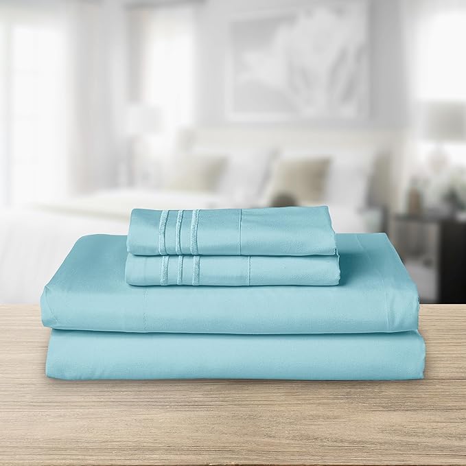 Elegant Comfort Luxurious 1500 Premium Hotel Quality Microfiber Three Line Embroidered Softest 4-Piece Bed Sheet Set, Wrinkle and Fade Resistant, Twin/Twin XL, Aqua Blue