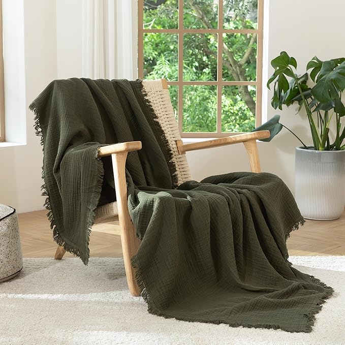MooMee Muslin Blanket - 100% Cotton 4-Layer Gauze Throw Blanket with All-Around Fringe, Ultra-Soft Breathable Lightweight Cooling Decorative for Bed, Sofa & Couch (Olive Green,Super King 108" x 98")
