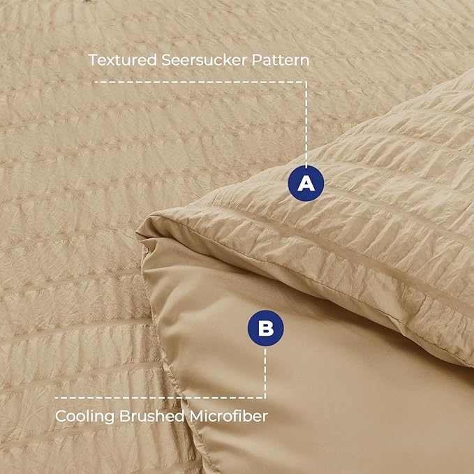 HYMOKEGE Khaki Duvet Cover King Size, Ultra Soft 3-Piece Seersucker Duvet Cover Set with Zipper Closure, Soft Brushed Microfiber Bedding Set with 8 Corner Ties (104"x90", 2 Pillowshams)