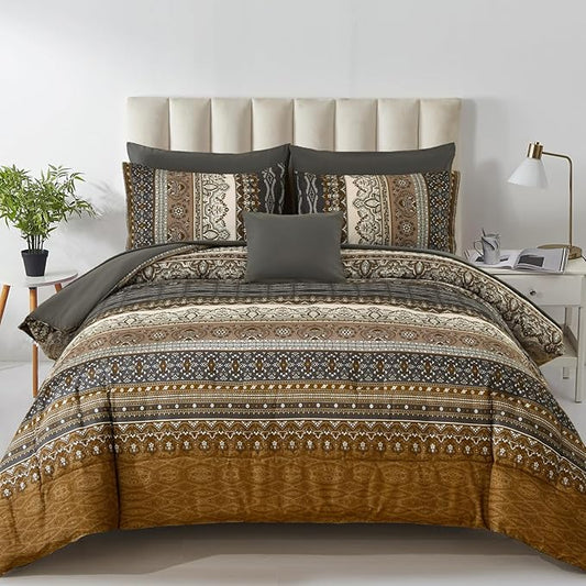 Cottolester Boho Comforter Set Full Size 8 Pieces,Brown Black Bohemian Comforter Paisley Striped Bed in A Bag,Soft Microfiber Bedding Set for All Season