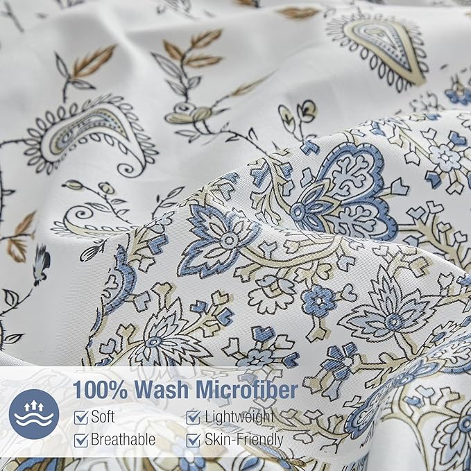 Lekesky Queen Size Duvet Cover Set, Patchwork Floral 3 Pieces Reversible Blue Paisley Duvet Cover Set, Ultra-Soft Microfiber 3 Pieces Comforter Cover with Zipper, Includes 2 Pillowcases