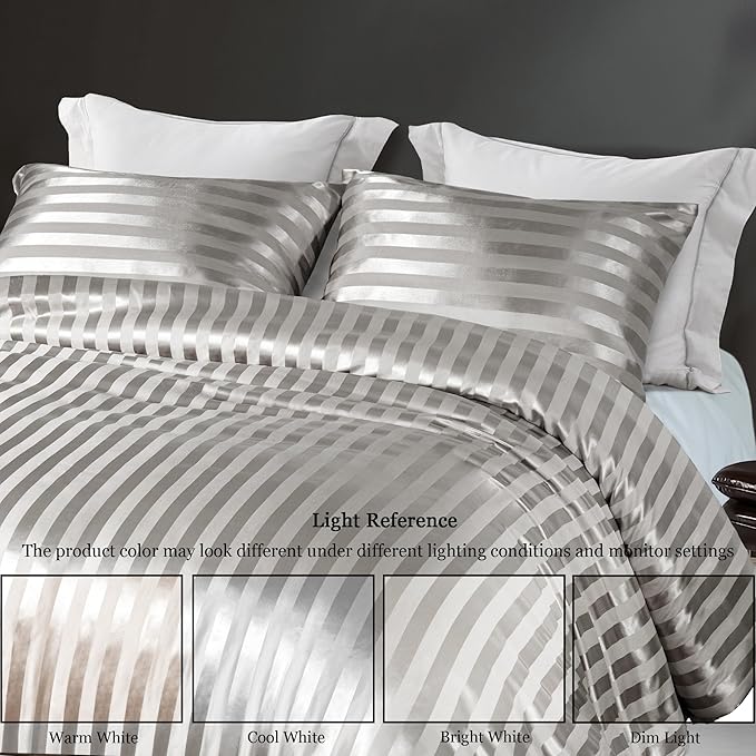 Whale Flotilla 3-Piece Reversible Silky Soft King Size Comforter Set, Luxury Stripe Satin Oversized Comforter Bedding Set with 2 Satin Pillowcases, Lightweight Duvet for All Seasons, Grey