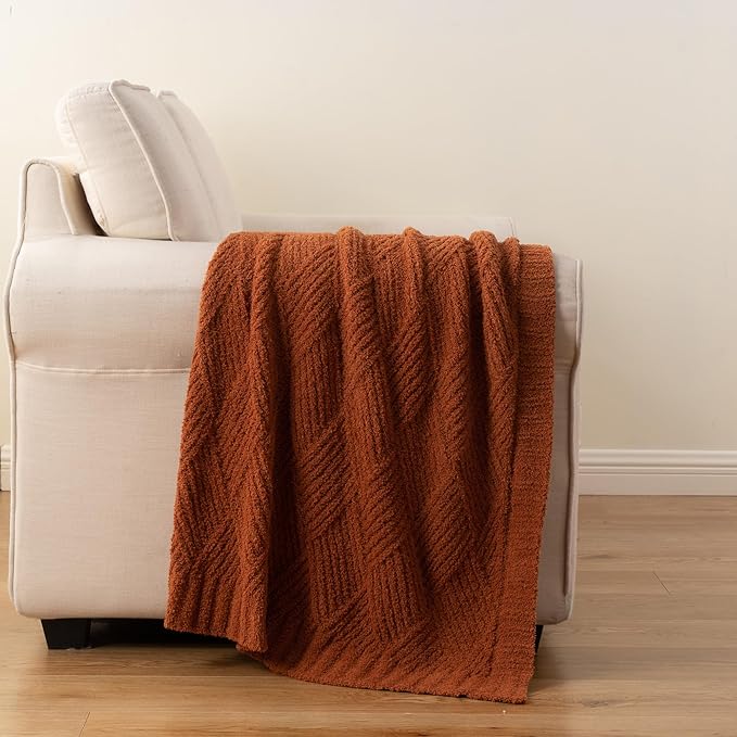 Battilo Fall Decor Caramel Diamond Knit Throw Blanket for Couch and Bed, Soft Textured Chenille Rust Orange Blanket, Cozy Lightweight Decorative Blanket for Sofa, 50"x60"