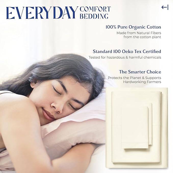 Mayfair Linen 100% Organic Cotton Sheets Queen Size - 4 PC Ivory Organic Cotton Percale Sheets Queen Set, Soft, Cooling & Breathable Bedsheets, 16" Deep Pocket Hotel Bedding Set - GOTS Certified