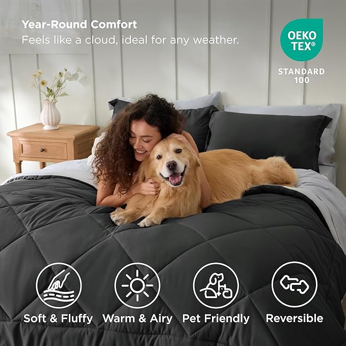 Bedsure Charcoal Grey Full Comforter Set - 7 Pieces Reversible Bedding, Full Size Bed Set for All Seasons, Bed in a Bag with Down Alternative Comforter, Sheets, Pillowcases & Shams