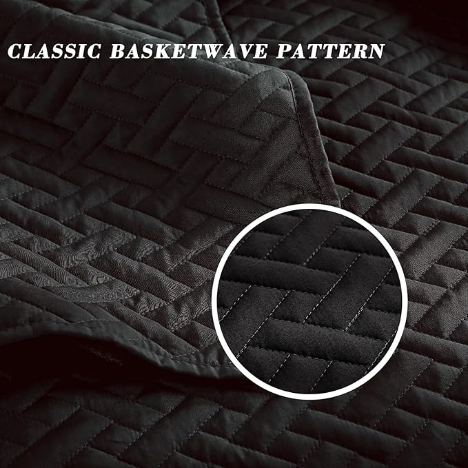 Exclusivo Mezcla Full Queen Size Quilt Bedspreads with Basket Weave Pattern, Soft Lightweight Summer Quilts Bedding Set Coverlets Bed Cover for All Seasons, Black
