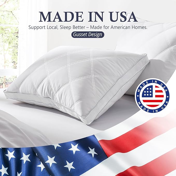 puredown® Made in USA Goose Feather Down Gusseted Pillows, 100% Cotton Cover, Pillows Standard Size Set of 2, Luxury Hotel Gusseted Bed Pillows for Sleeping