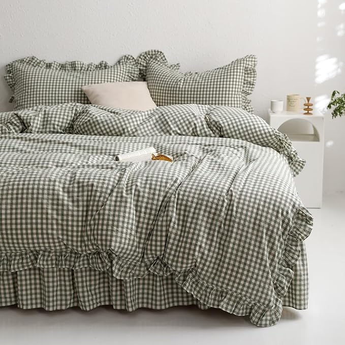 mixinni Green Gingham Ruffle Duvet Cover Twin XL Size 3 Pieces – 100% Washed Cotton, Vintage Plaid Ruffled Bedding Set with Zipper Ties, Soft Checkered Grid Farmhouse Chic Comforter Cover Set