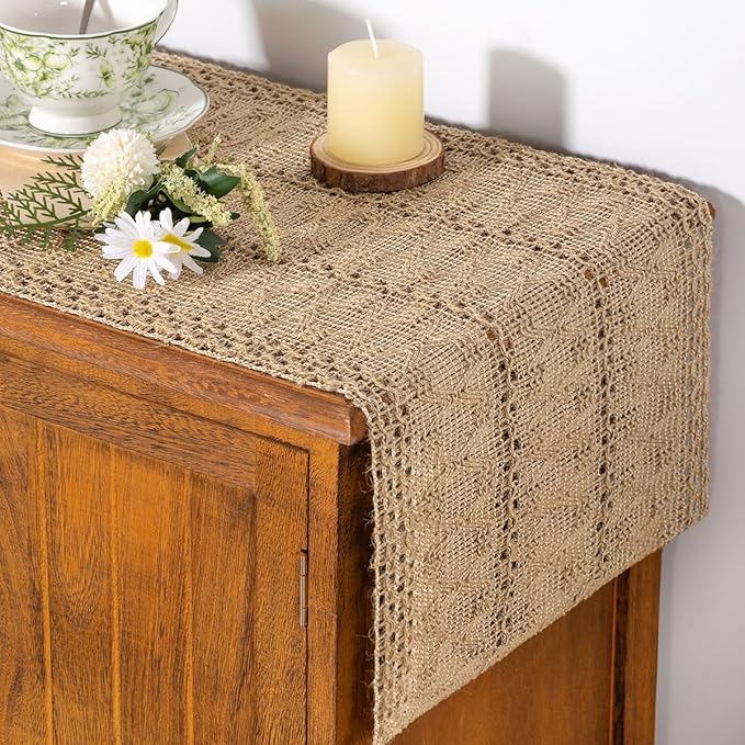 Socomi Boho Table Runner Valentine's Day Farmhouse Burlap Jute Bamboo Rustic Dining Kitchen Centerpiece Decor Small Macrame Woven Coffee Table Runner for Dresser Scarf Home Decor 12x60 inch