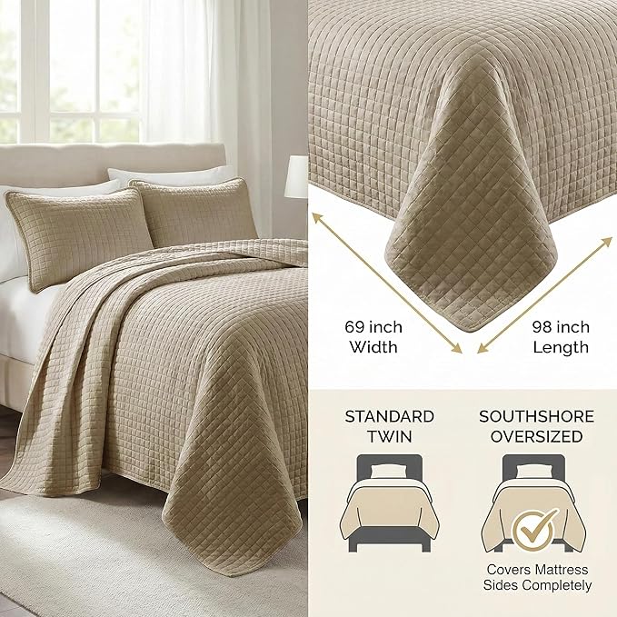 Southshore Fine Living, Inc. Twin Quilt Bedding Set, Soft Brushed Microfiber Taupe Quilts, Twin/XL Coverlet Bedspread, Wrinkle & Pet Hair Resistant Bedding with 1 Pillow Sham, Taupe