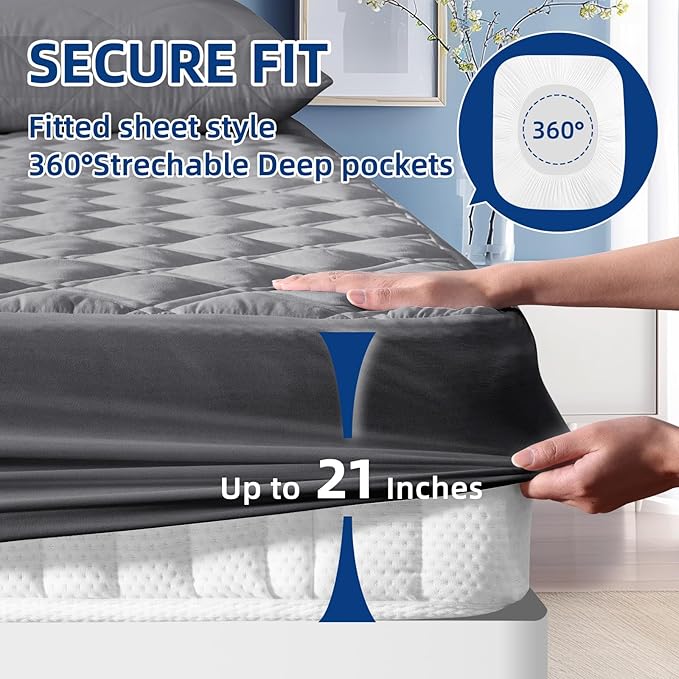Full Mattress Protector, Breathable Waterproof Mattress Pad Cover Fitted Deep Pocket 8"-21", Soft Noiseless Mattress Cover Washable Cooling Padded for Home Hotel Bedroom, Gray