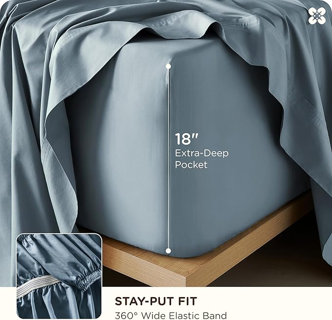 Bedsure Cooling Sheets, Rayon Derived from Bamboo & Cotton Blend, GentleSoft, Breathable, Queen Sheet Set, Deep Pocket Up to 18 Inches, Hotel Luxury Bedding for Hot Sleepers, Dusty Blue
