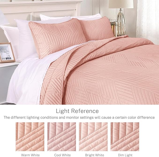 Exclusivo Mezcla Ultrasonic Twin Quilt Bedding Set, Lightweight Blush Pink Bedspreads Soft Modern Geometric Coverlet Set for All Seasons (1 Quilt and 1 Pillow Sham)