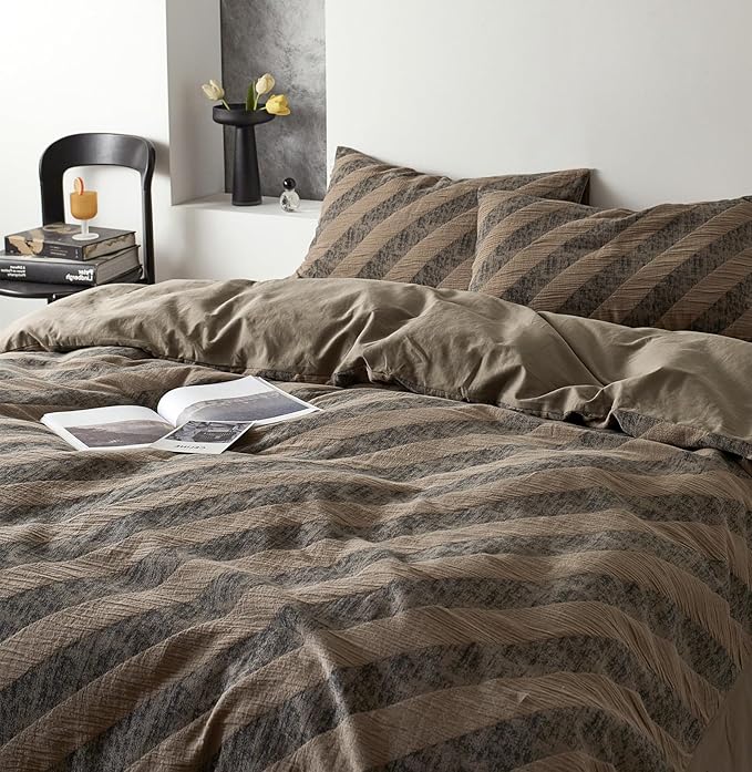 VM VOUGEMARKET Khaki Grey Striped Duvet Cover Queen Linen Cotton Bedding Set Jacquard Diagonal Stripes Duvet Cover Set Without Filling 90x90 Inch