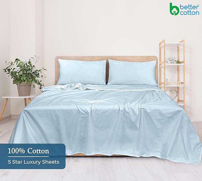 Royale Linen 400 Thread Count 100% American Grown Cotton Flat Sheet - Cooling Sheets - Twin Sheets - Luxury Sateen Weave - Twin Flat Sheet Sold Separately - Blue Flat Sheet Only (Twin, Caribbean Blue)