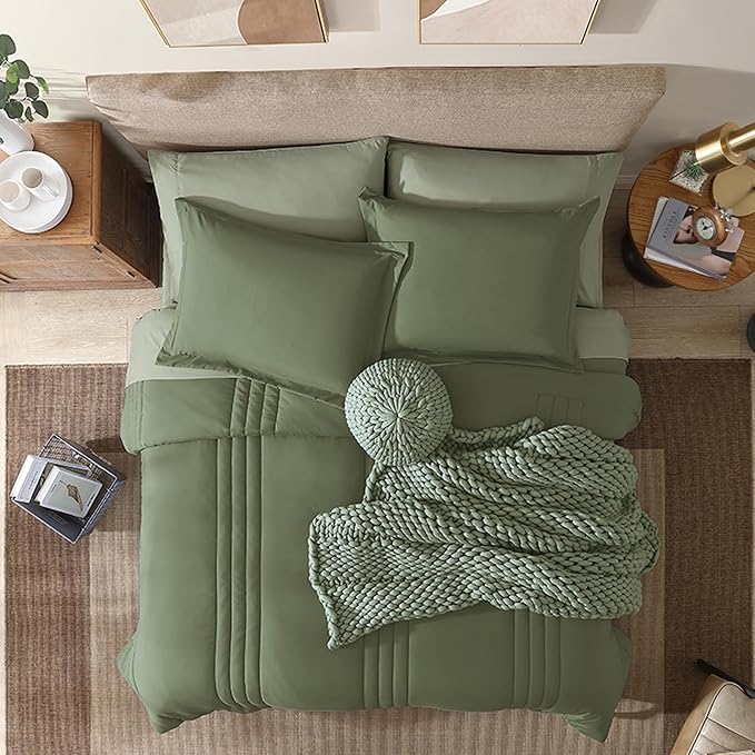 Monbix Queen Comforter Set - 7 Pieces Light Sage Green Bed in a Bag Queen Bedding Sets with Comforters, All Seasons Comforter Bed Set with Sheets, Pillowcases & Shams
