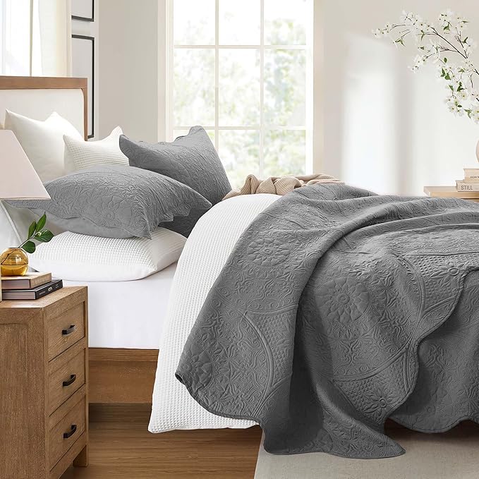 IR Imperial Rooms 8 Pack Quilt King Size Bedding (106" x 96") - Bulk Wholesale for Hotels, Guest Bedroom & Airbnbs - Lightweight Microfiber Reversible Floral Embossed Quilts Bedspreads (Grey)