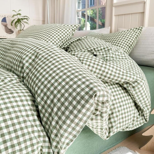 LifeTB Queen Comforter Set Green Gingham Comforter Modern Style Checkered Pattern Comforter Set Boho Grid Plaid Bedding Comforter Lightweight Fluffy Soft Grid Bedding Set Queen Size Breathable