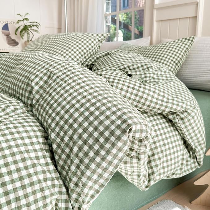 LifeTB Green Gingham Comforter Set King Modern Style Plaid Comforter Set 3 Pieces Boho Grid Comforter with 2 Pillowcases Soft Fluffy Checkered Pattern Comforter Farmhouse Gingham Bedding Set King