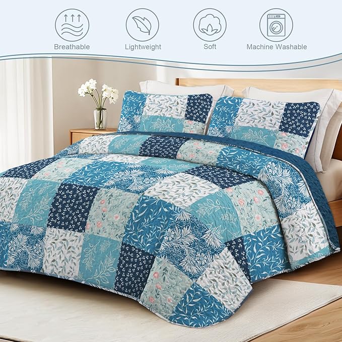 Exclusivo Mezcla Reversible Boho Quilts King Size, Navy Blue Bedspreads Lightweight Coverlet All Season Patchwork Quilt Bedding Set with Printed Floral Pattern (1 Quilt, 2 Pillow Shams)