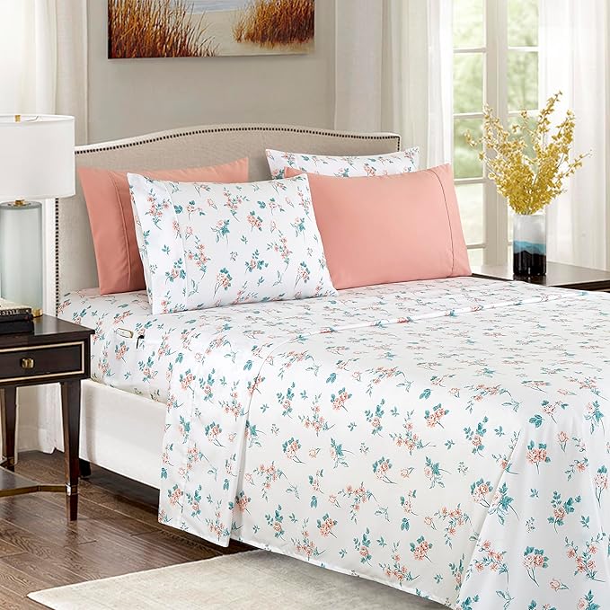 Elegant Comfort Softest and Coziest 6-Piece Sheet Set - 1500 Premium Hotel Quality Microfiber - Deep Pocket, Wrinkle Resistant 6-Piece Floral Bed Sheet Set, Full, Celia Pink