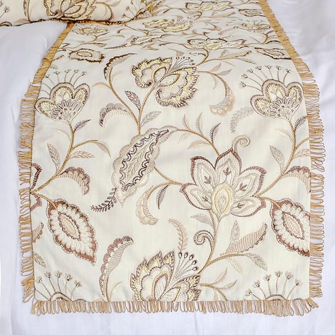The HomeCentric King/Queen/Twin Beige Decorative Bed Runner King 90"x18" Bed Runner with One Pillow Cover, Floral, Pearl, Jute Lace, Embroidery Bed Scarf on Cotton Fabric - Floral Luster