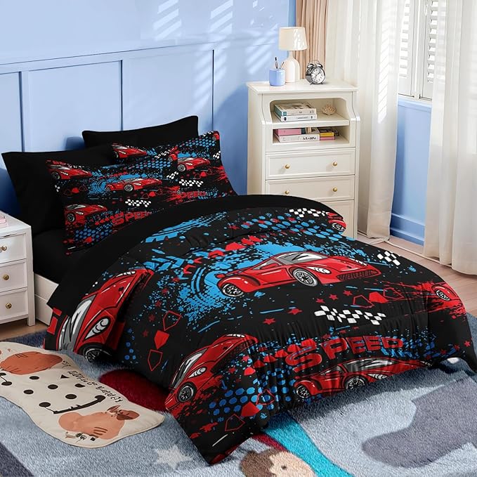 Nesker 7 Pcs Comforter Set Queen Size, Red Black Sports Car Bedding for Kids Teen, Auto Race with Fitted Sheet 2 Pillowcases & 2 Shams for Bedroom Bed Decor