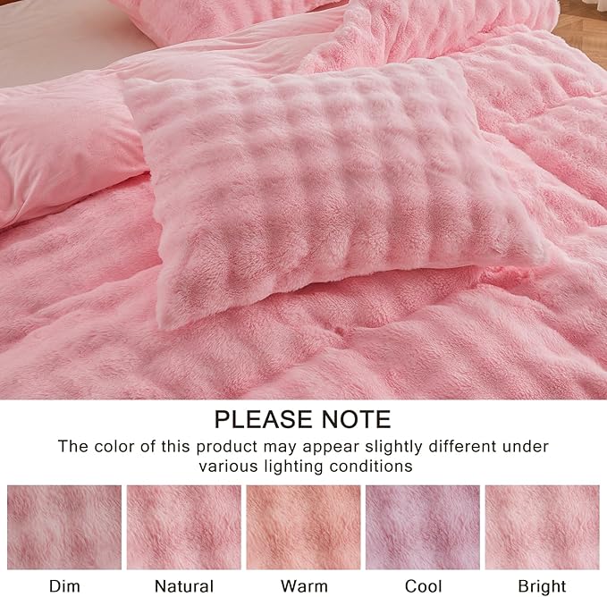 EMME Faux Fur Duvet Cover Queen Size, 3 Pieces Ultra Soft Fluffy Comforter Cover, Cozy Warm for Winter, Luxury Elegant Shaggy Bubble Design Bedding, 1 Duvet Cover & 2 Pillow Shams (Queen, Pink)