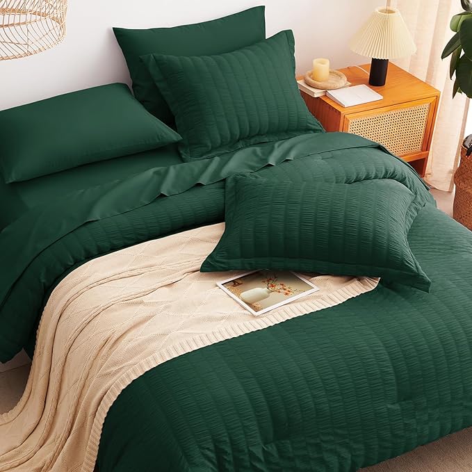 CozyLux King Size Comforter Set Emerald Green Seersucker 7 Pieces Bed in a Bag King Comforter Set with Sheets, Luxury Soft Bedding Set with Down Alternative Comforter, Sheets, Pillowcases & Shams