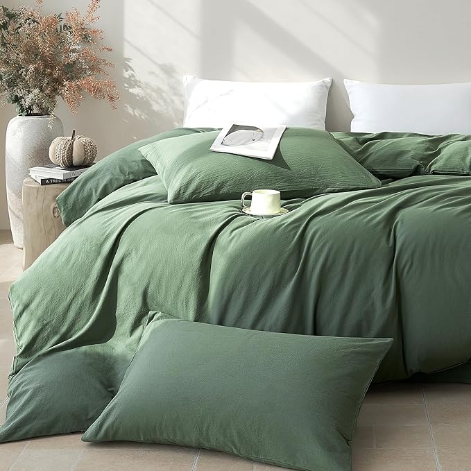 JELLYMONI Duvet Cover King Size - Washed Cotton Comforter Cover with Linen-Like Texture,Breathable & Soft Bedding for Modern Home,Guest Room and Everyday Use,Dusty Green 1 Duvet Cover & 2 Pillowcases