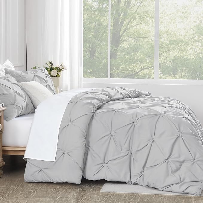 Andency Light Grey Pinch Pleat Comforter Full(79x90Inch), 3 Pieces(1 Down Alternative Comforter and 2 Pillowcases) Grey Bed Set Microfiber Pintuck Bedding Set