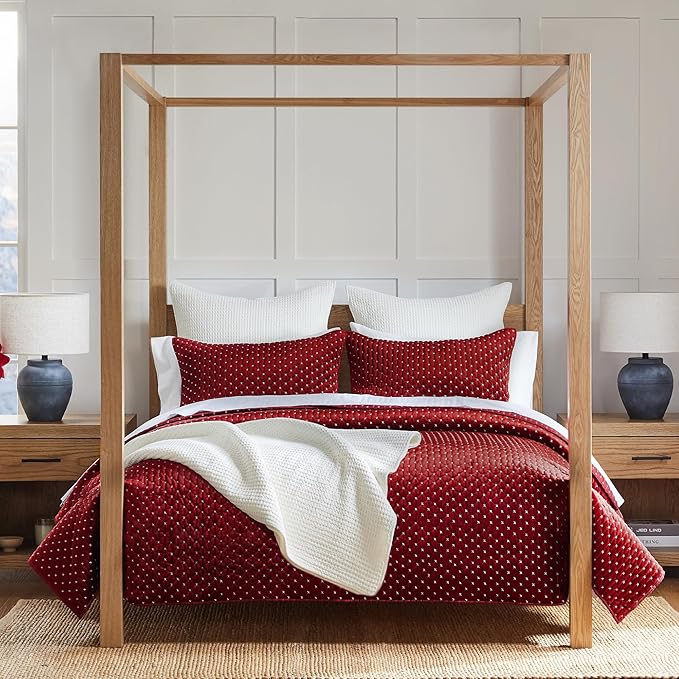 Levtex Home - Cross Stitch Velvet Red Quilt Set - Full/Queen Quilt + Two Standard Pillow Shams - Cross Stitched Pattern - Quilt Size (88x92in.) and Pillow Sham Size (26x20in.) - Reversible